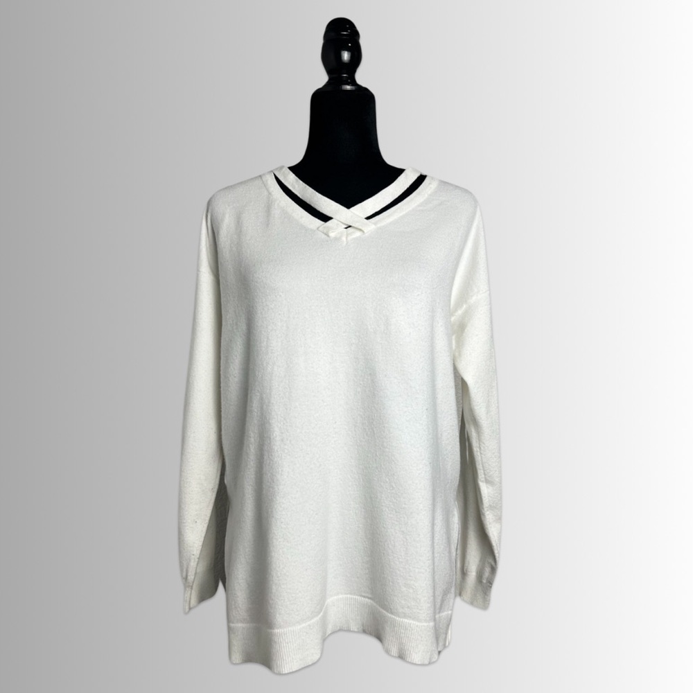 Umgee White Long Sleeve Top, Criss Cross Neckline, Banded Bottom Hem, Sz Small